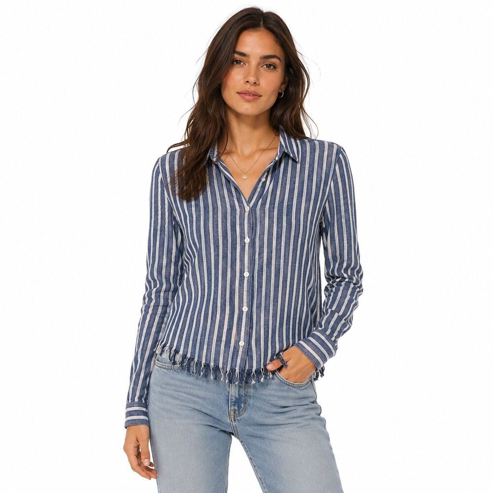 Beachlunchlounge Shirt Womens XS Blue Striped Button Front Long Sleeve Fringe